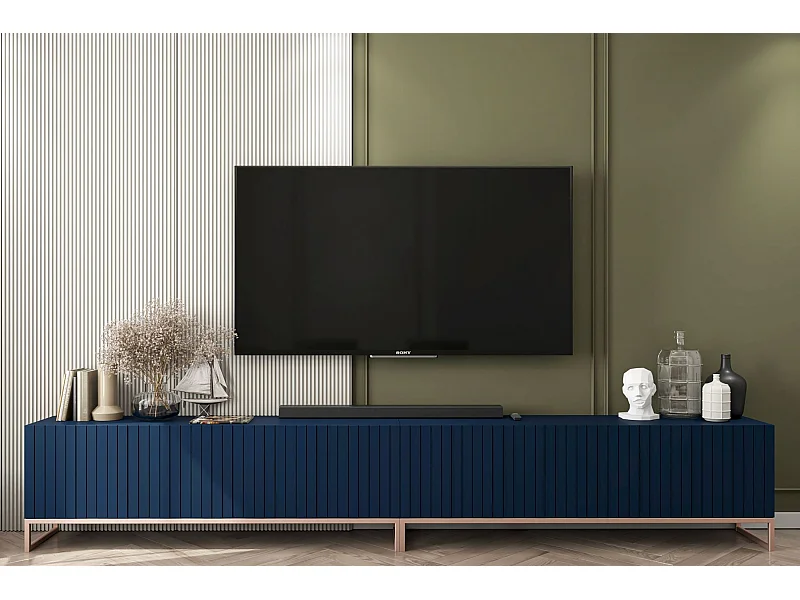 Meuble TV avec 8 portes - Corps Bleu marine mat, façades rainurées Bleu marine mat - 300 cm, cadre métallique