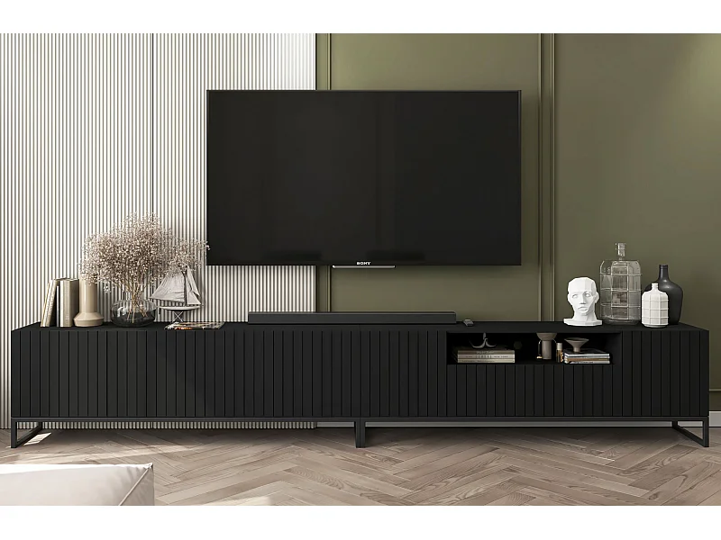 Meuble TV avec 7 portes et niche - corps Noir mat, façades cannelées Noir mat - 300 cm, Cadre en métal noir