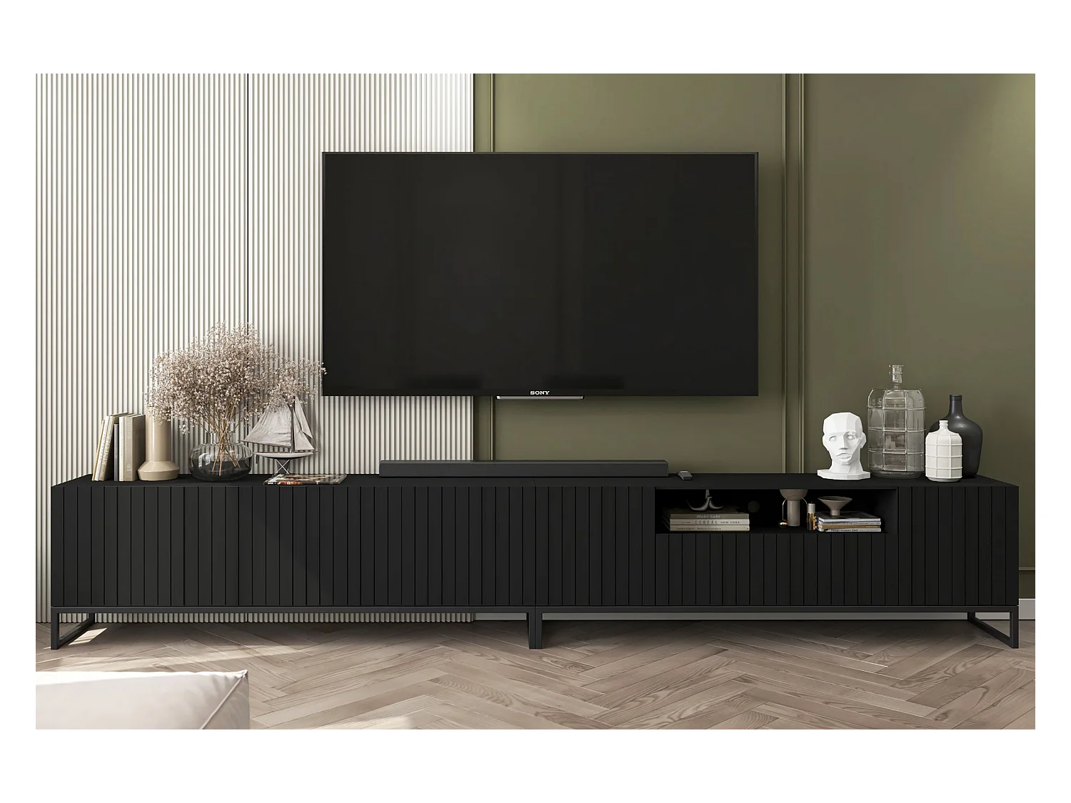 Meuble TV avec 7 portes et niche - corps Noir mat, façades cannelées Noir mat - 300 cm, Cadre en métal noir
