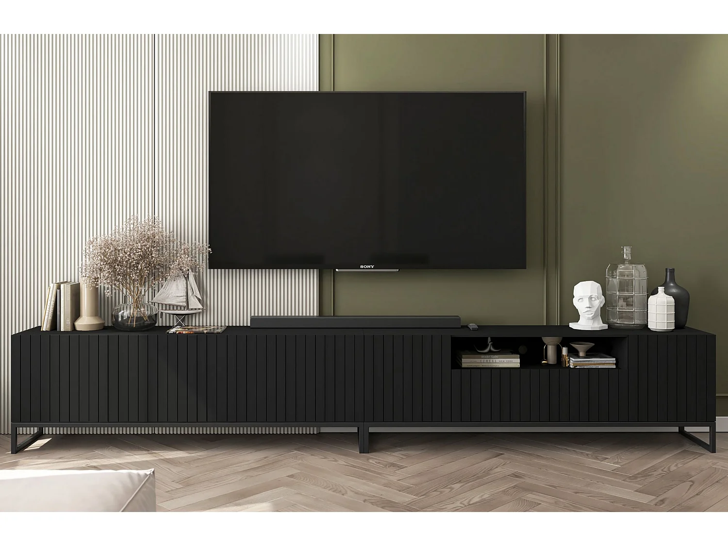 Meuble TV avec 7 portes et niche - corps Noir mat, façades cannelées Noir mat - 300 cm, Cadre en métal noir