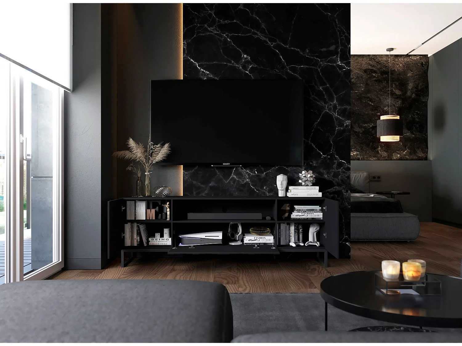 Meuble TV avec 7 portes et niche - corps Noir mat, façades cannelées Noir mat - 300 cm, Cadre en métal noir