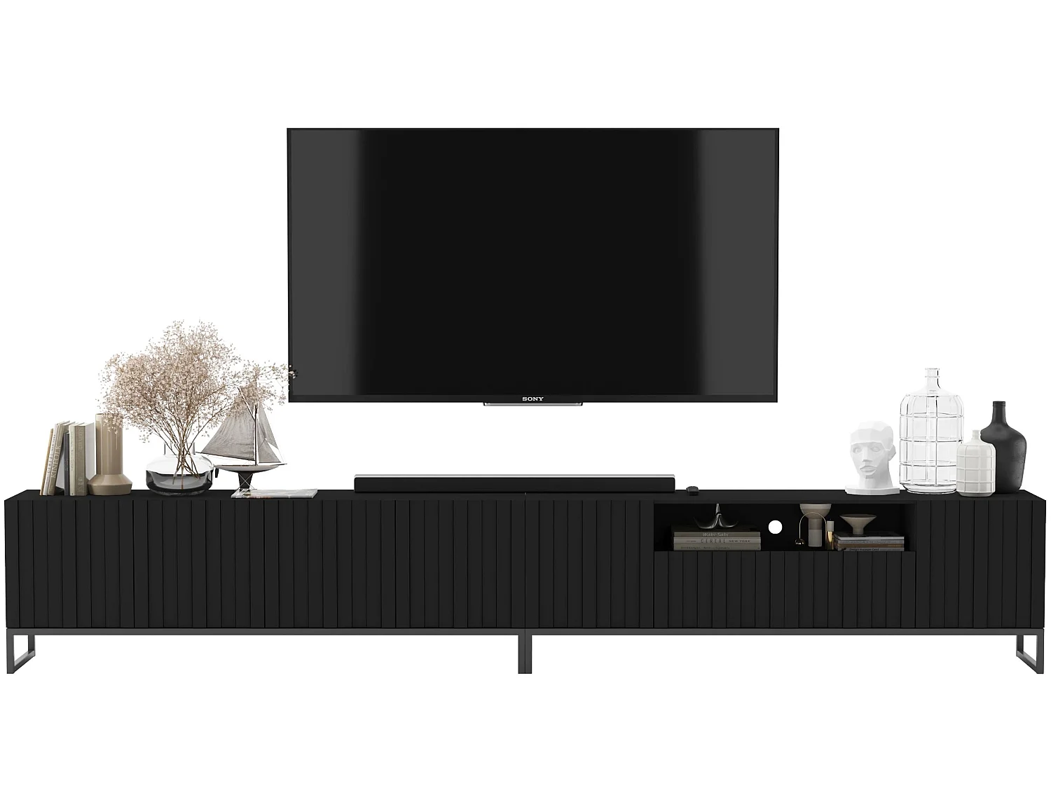 TV-Möbel mit 7 Türen und Nische – Korpus Schwarz matt, geriffelte Fronten Schwarz matt – 300 cm, schwarzer Metallrahmen