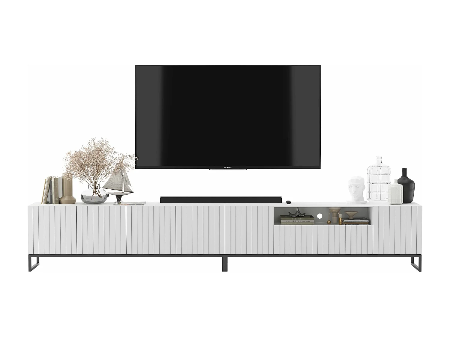 Meuble TV avec 7 portes et niche - corps Blanc mat, façades cannelées Blanc mat - 300 cm, Cadre en métal noir