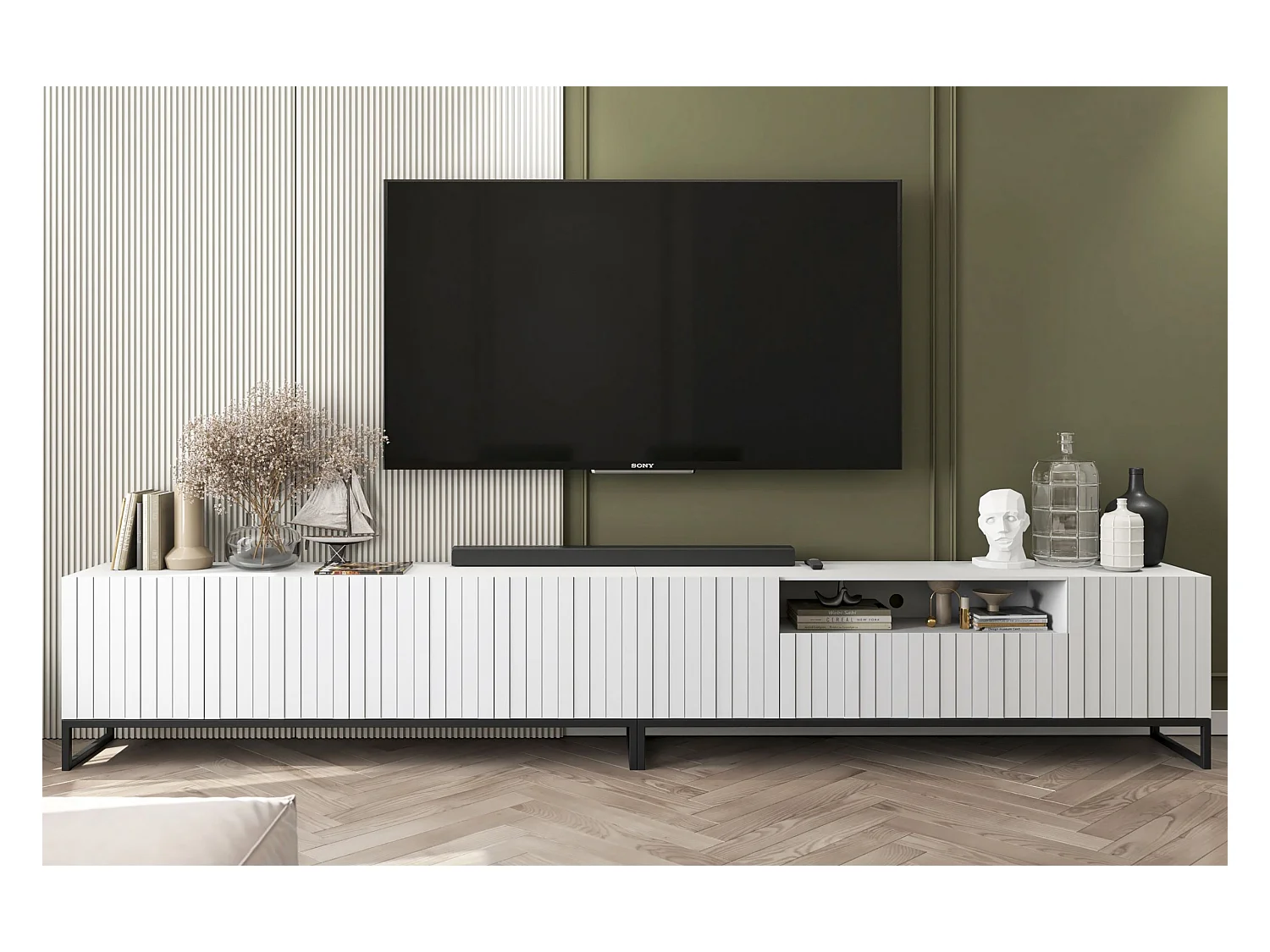 Meuble TV avec 7 portes et niche - corps Blanc mat, façades cannelées Blanc mat - 300 cm, Cadre en métal noir