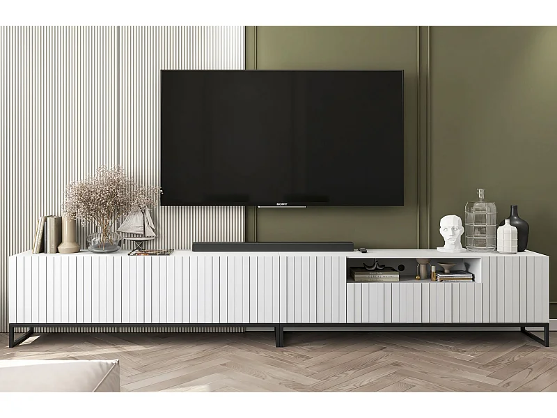 Meuble TV avec 7 portes et niche - corps Blanc mat, façades cannelées Blanc mat - 300 cm, Cadre en métal noir