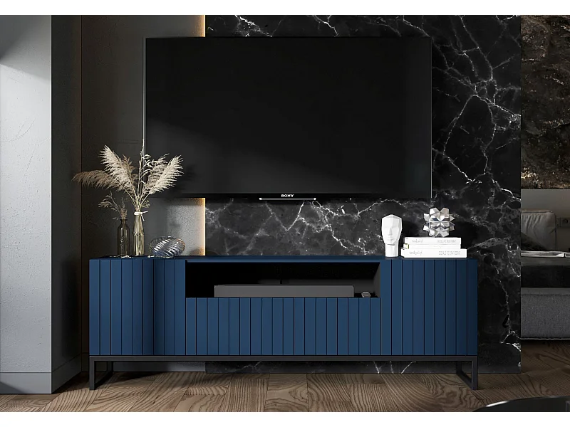 Meuble TV avec 3 portes et niche - Corps Bleu Marine mat, façades rainurées Bleu Marine mat - 150 cm, Cadre en métal noir