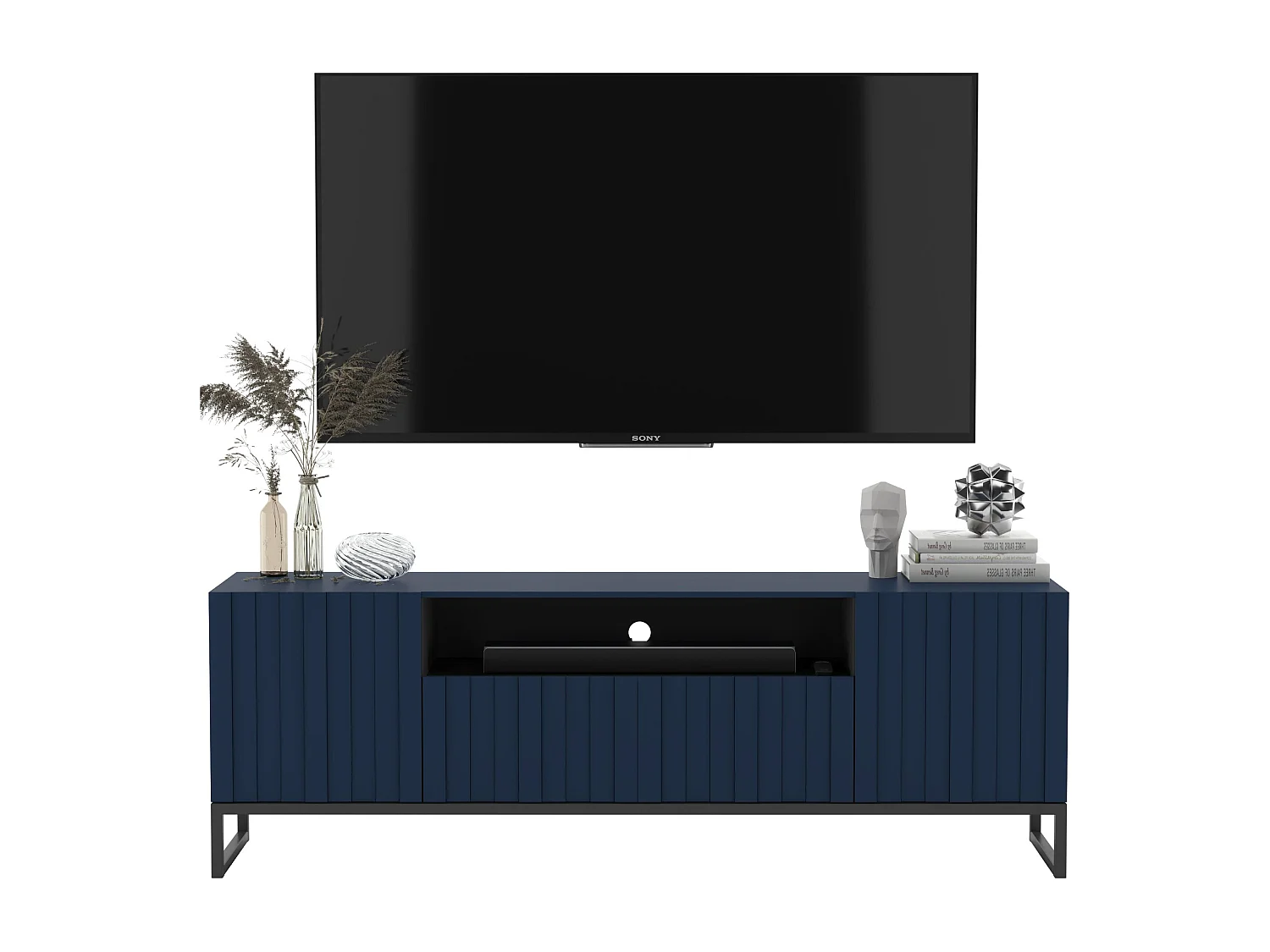 Meuble TV avec 3 portes et niche - Corps Bleu Marine mat, façades rainurées Bleu Marine mat - 150 cm, Cadre en métal noir