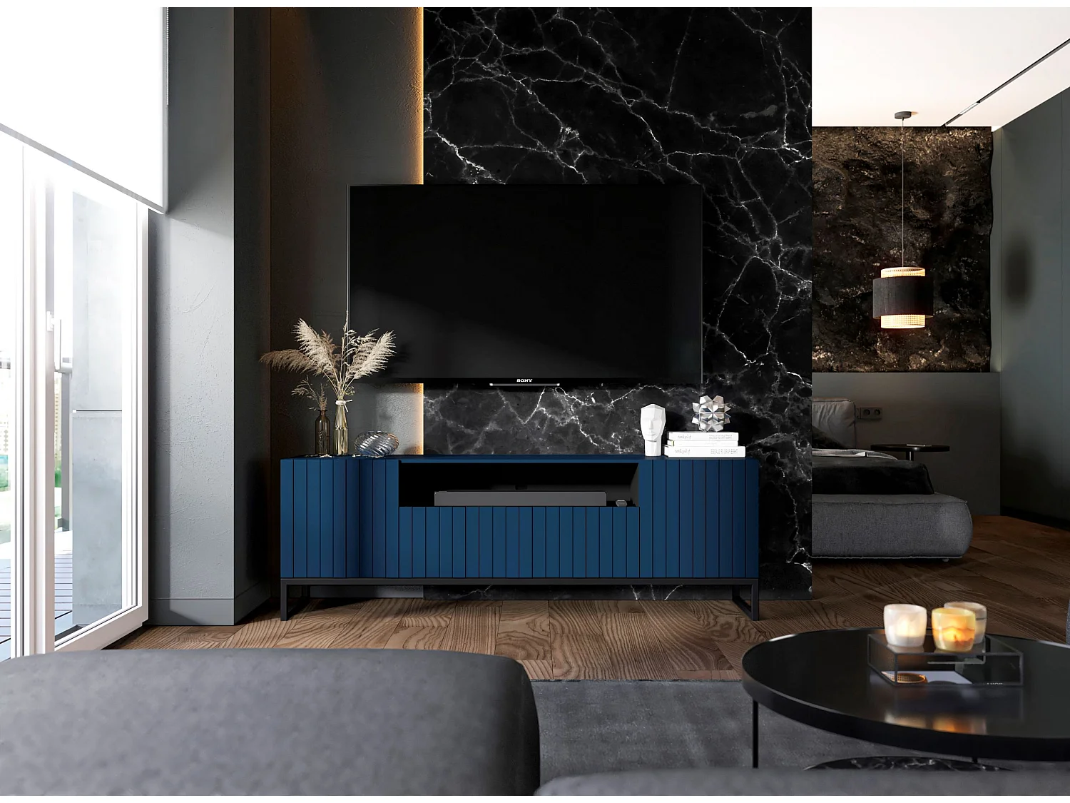 Meuble TV avec 3 portes et niche - Corps Bleu Marine mat, façades rainurées Bleu Marine mat - 150 cm, Cadre en métal noir