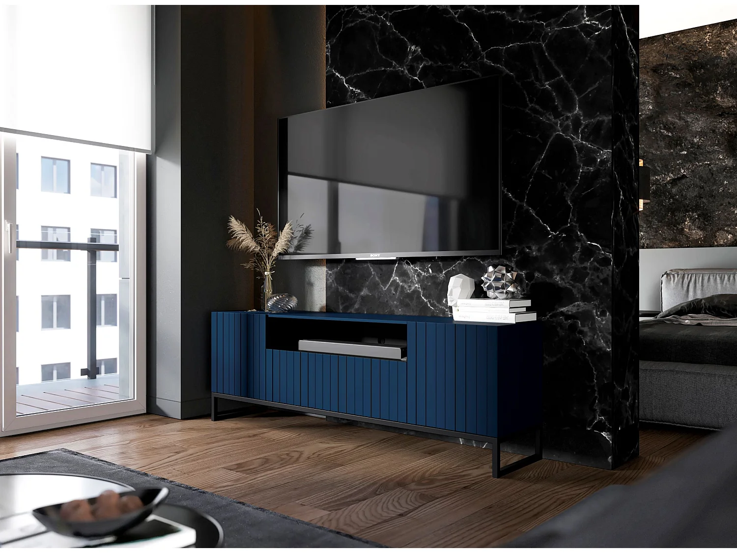 Meuble TV avec 3 portes et niche - Corps Bleu Marine mat, façades rainurées Bleu Marine mat - 150 cm, Cadre en métal noir