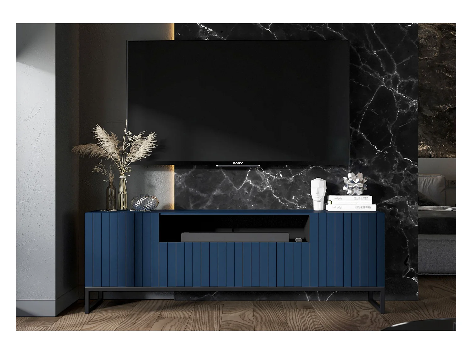 Meuble TV avec 3 portes et niche - Corps Bleu Marine mat, façades rainurées Bleu Marine mat - 150 cm, Cadre en métal noir
