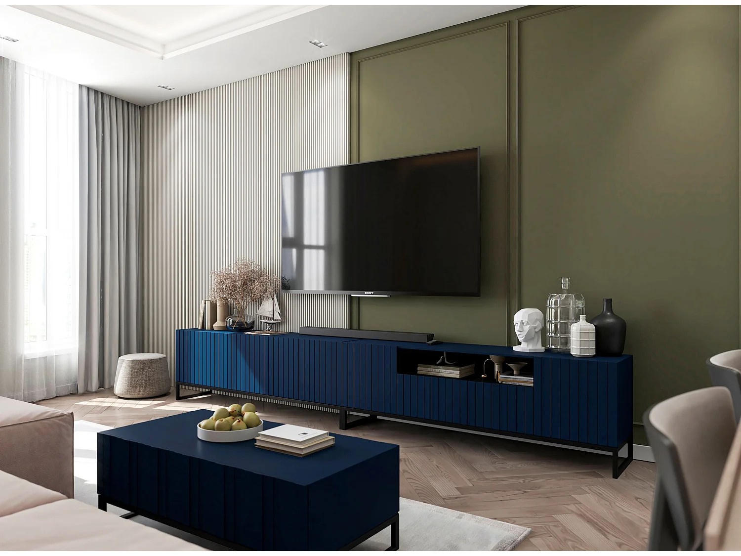 Meuble TV avec 3 portes et niche - Corps Bleu Marine mat, façades rainurées Bleu Marine mat - 150 cm, Cadre en métal noir