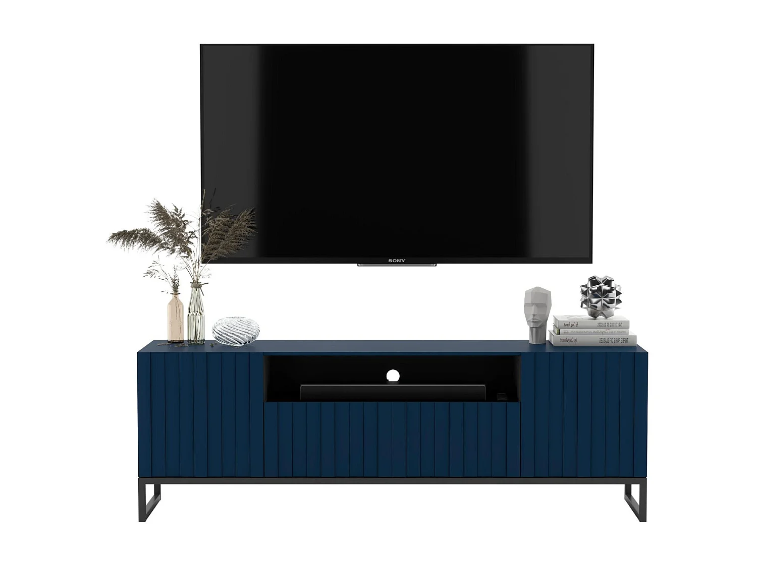 Mueble TV con 3 puertas y hueco - Cuerpo Azul Marino mate, frentes ranurados Azul Marino mate - 150 cm, marco de metal negro