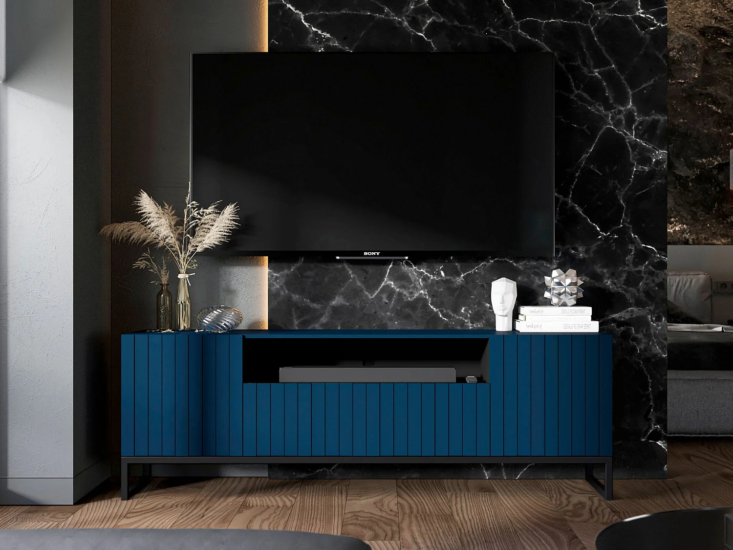 Mueble TV con 3 puertas y hueco - Cuerpo Azul Marino mate, frentes ranurados Azul Marino mate - 150 cm, marco de metal negro