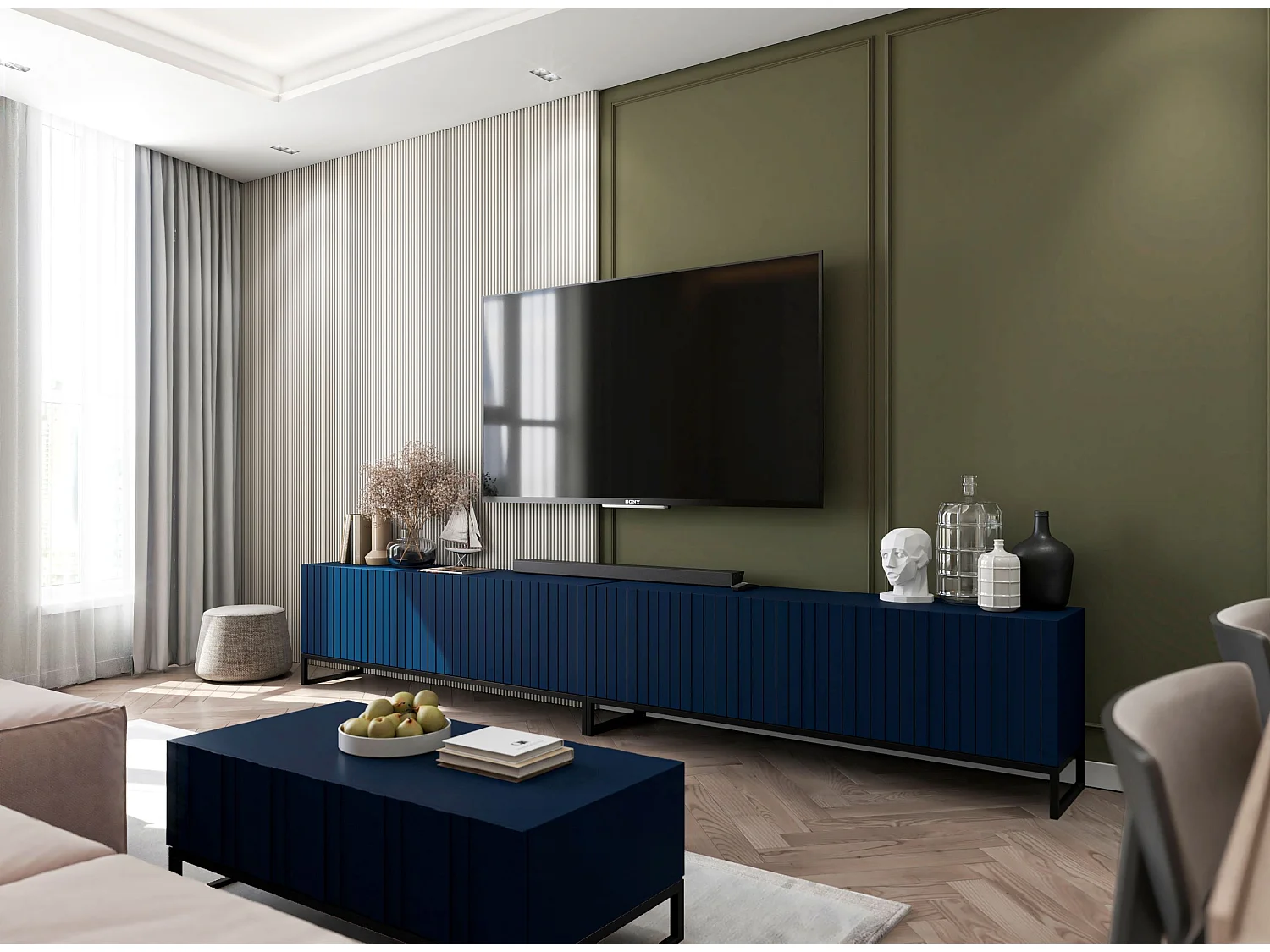 Mueble TV con 3 puertas y hueco - Cuerpo Azul Marino mate, frentes ranurados Azul Marino mate - 150 cm, marco de metal negro
