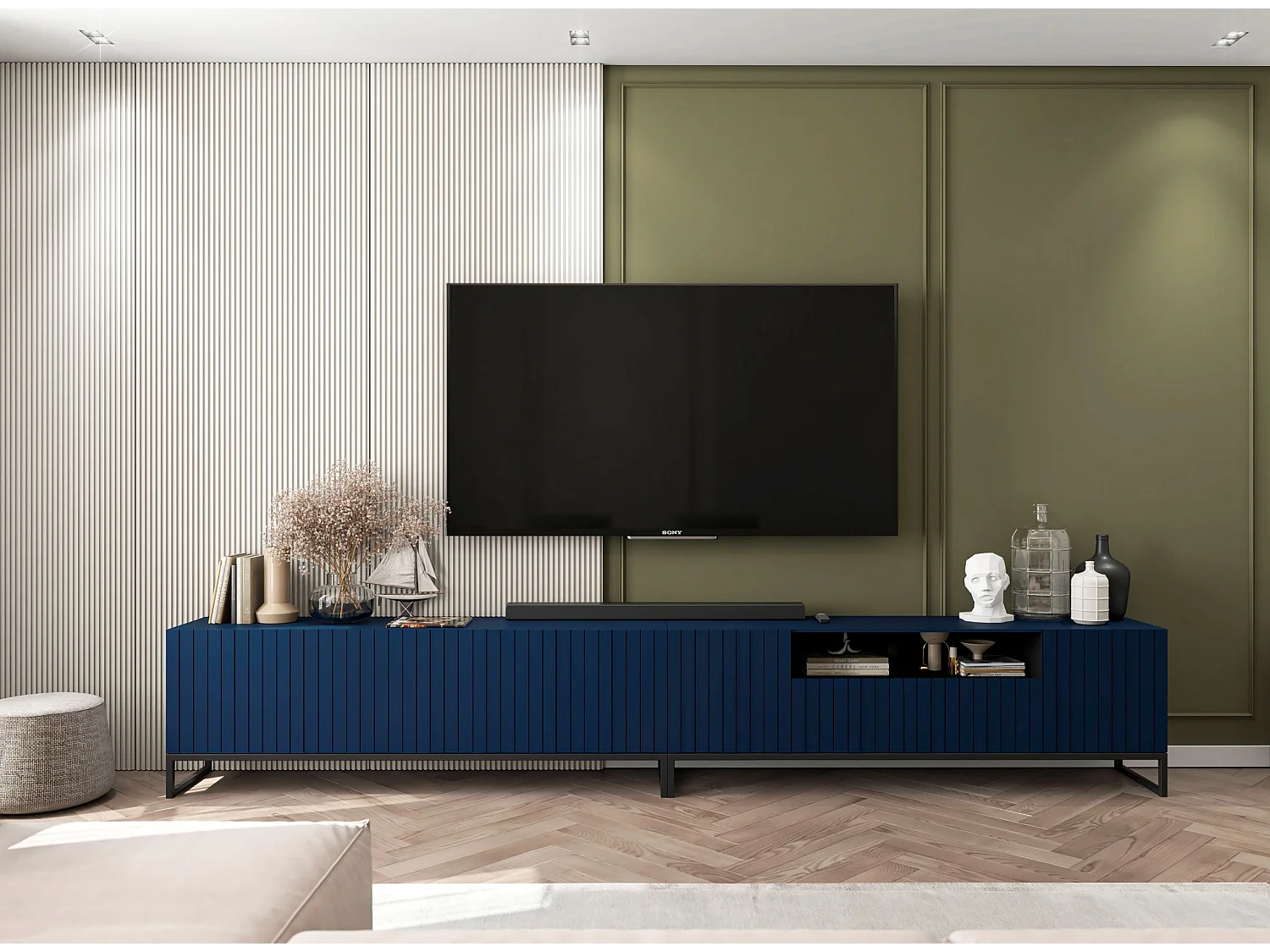 Mueble TV con 3 puertas y hueco - Cuerpo Azul Marino mate, frentes ranurados Azul Marino mate - 150 cm, marco de metal negro