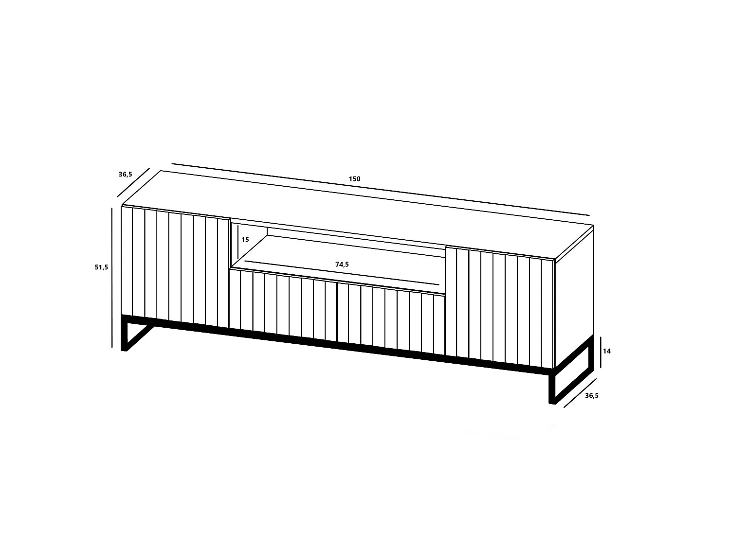 Meuble TV 3 portes, niche, façades en relief, bleu marine mat, pieds métal noir, 150 cm - ELPIS