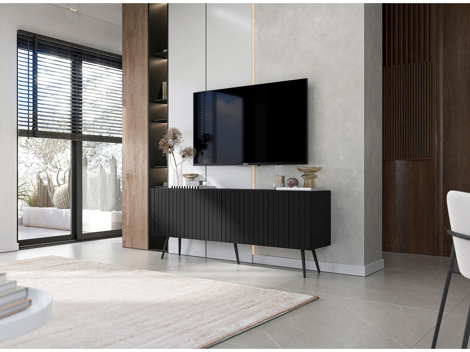 Meuble TV avec 4 portes - Corps Noir mat, façades rainurées Noir mat - 150 cm, pieds noirs