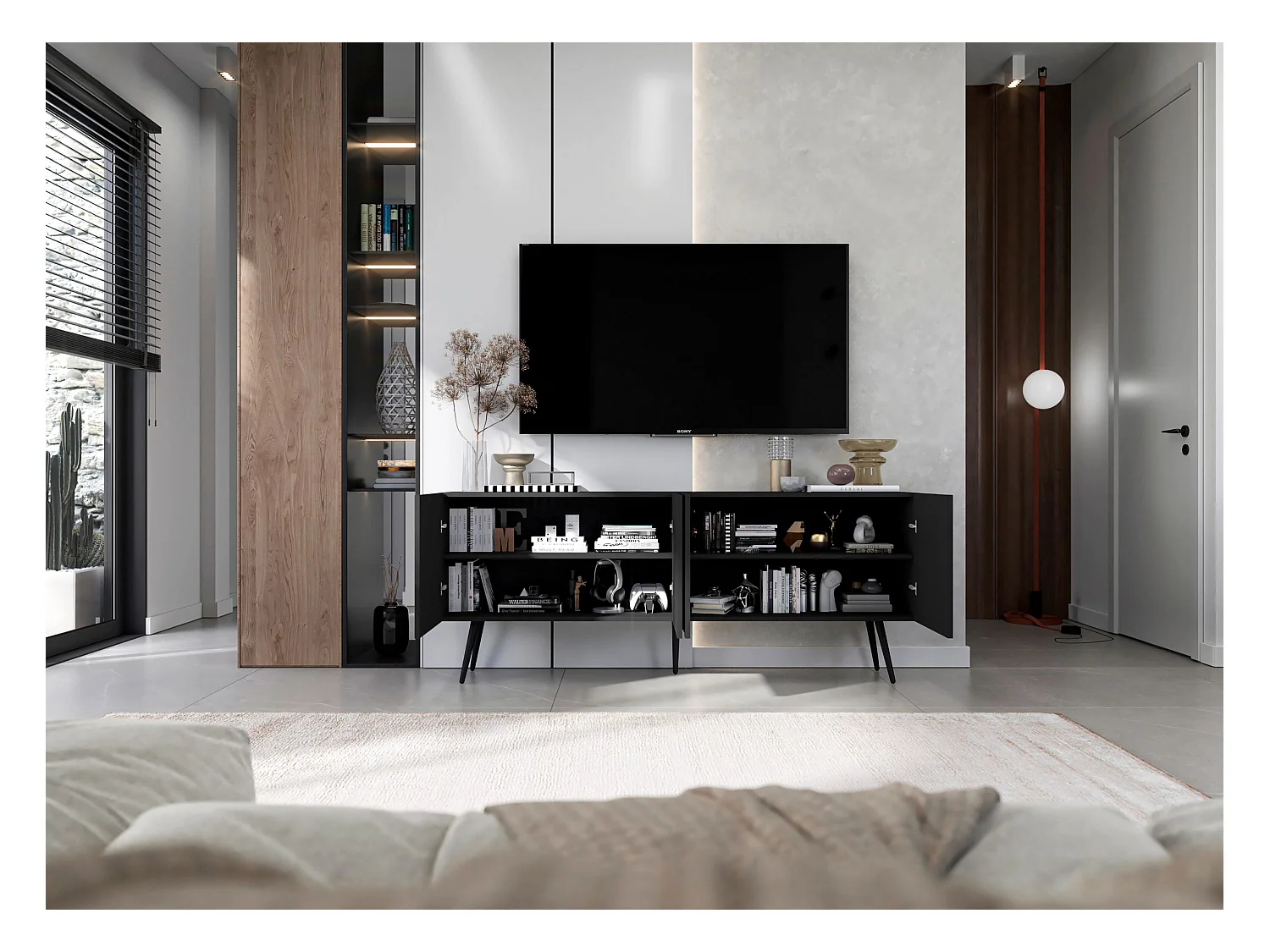 Meuble TV avec 4 portes - Corps Noir mat, façades rainurées Noir mat - 150 cm, pieds noirs