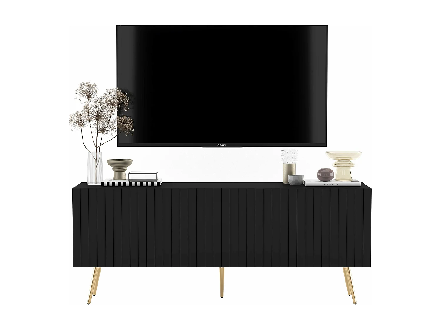 Meuble TV avec 4 portes - Corps Noir mat, façades rainurées Noir mat - 150 cm, pieds noirs