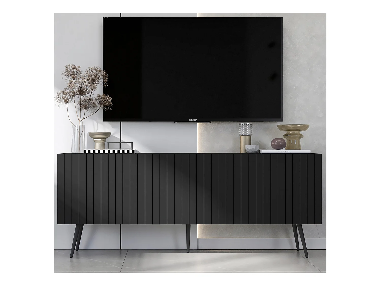 Meuble TV avec 4 portes - Corps Noir mat, façades rainurées Noir mat - 150 cm, pieds noirs