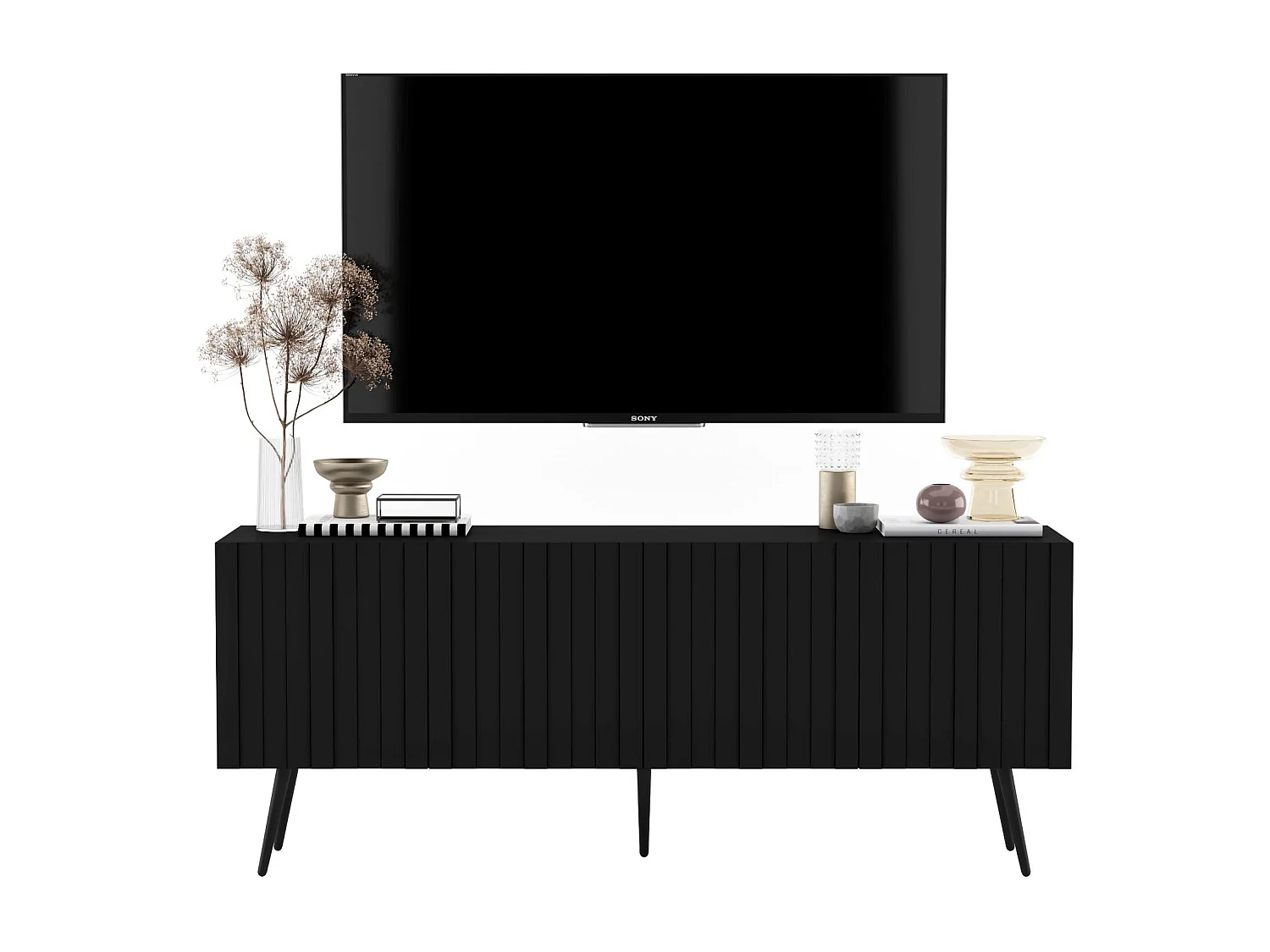 Meuble TV avec 4 portes - Corps Noir mat, façades rainurées Noir mat - 150 cm, pieds noirs