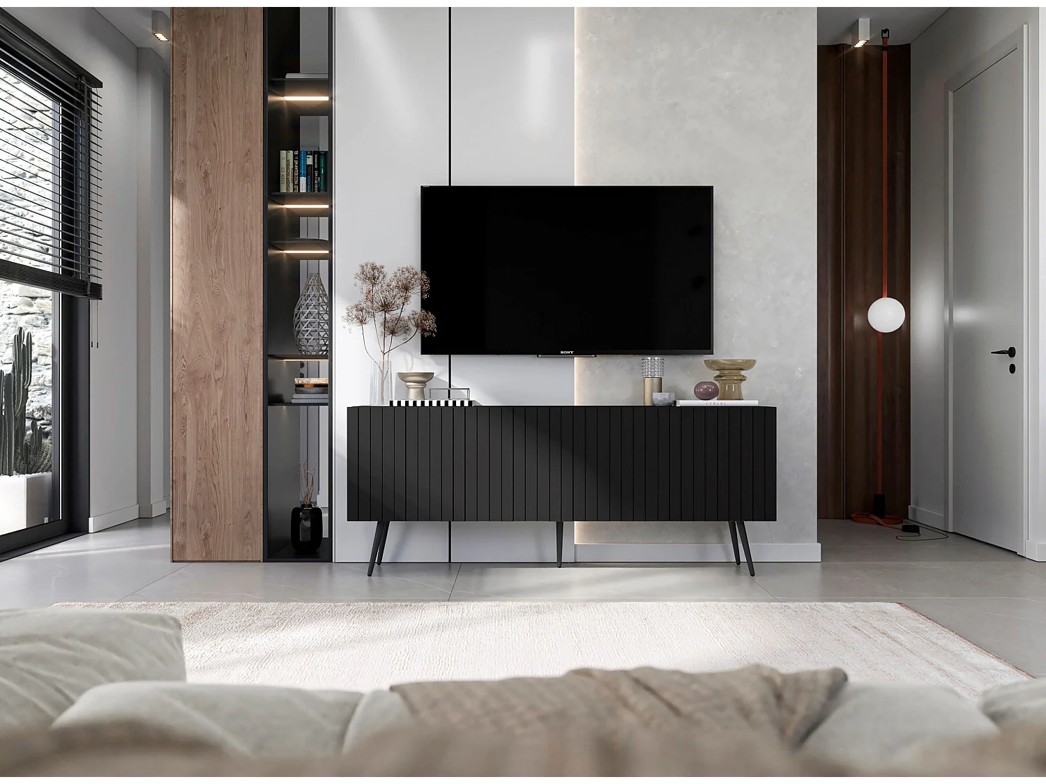 Meuble TV avec 4 portes - Corps Noir mat, façades rainurées Noir mat - 150 cm, pieds noirs