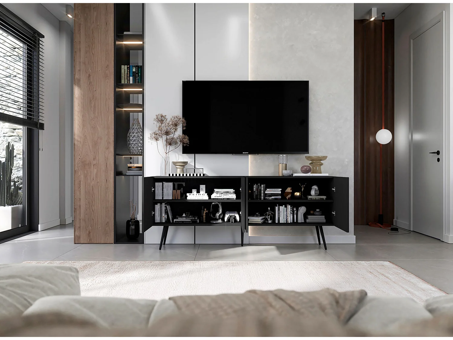 Meuble TV avec 4 portes - Corps Noir mat, façades rainurées Noir mat - 150 cm, pieds noirs