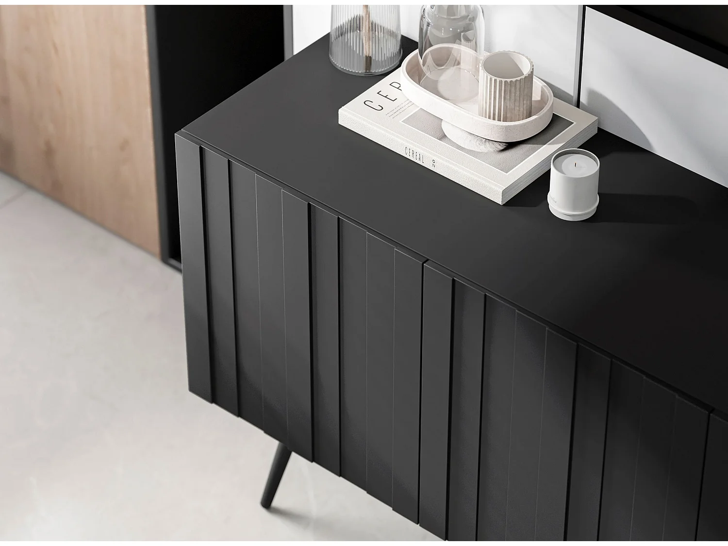 Meuble TV avec 4 portes - Corps Noir mat, façades rainurées Noir mat - 150 cm, pieds noirs