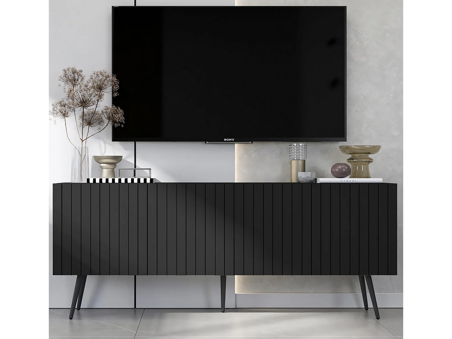 Mueble TV con 4 puertas - cuerpo Negro mate, frentes ranurados Negro mate - 150 cm, patas negras