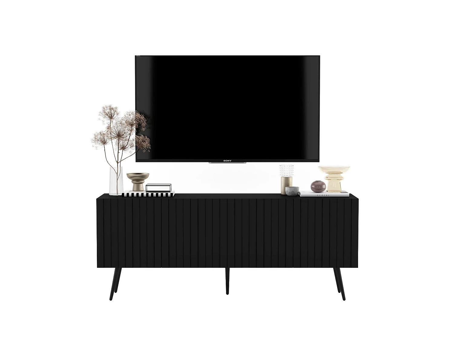 Mueble TV con 4 puertas - cuerpo Negro mate, frentes ranurados Negro mate - 150 cm, patas negras