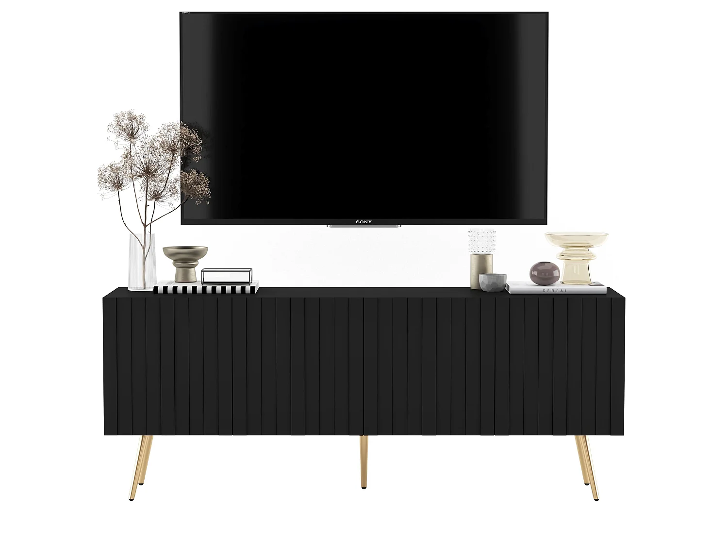 Mueble TV con 4 puertas - cuerpo Negro mate, frentes ranurados Negro mate - 150 cm, patas negras