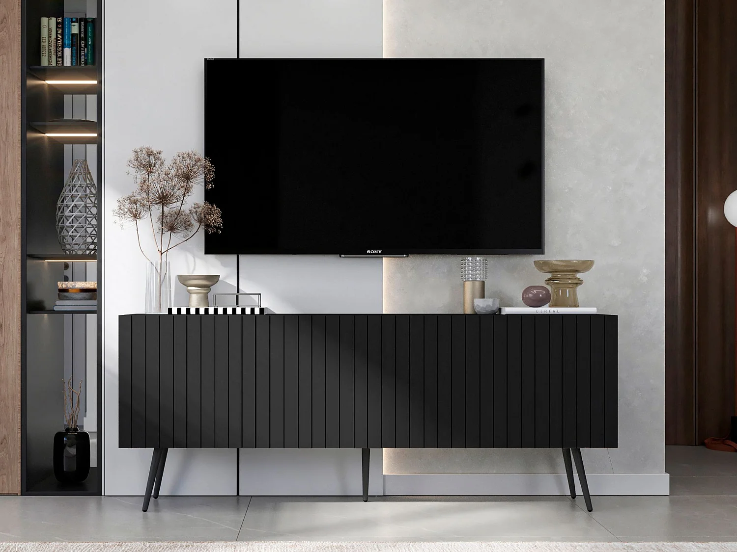 Meuble TV avec 4 portes - Corps Noir mat, façades rainurées Noir mat - 150 cm, pieds noirs