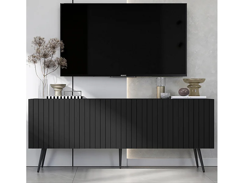 Meuble TV avec 4 portes - Corps Noir mat, façades rainurées Noir mat - 150 cm, pieds noirs