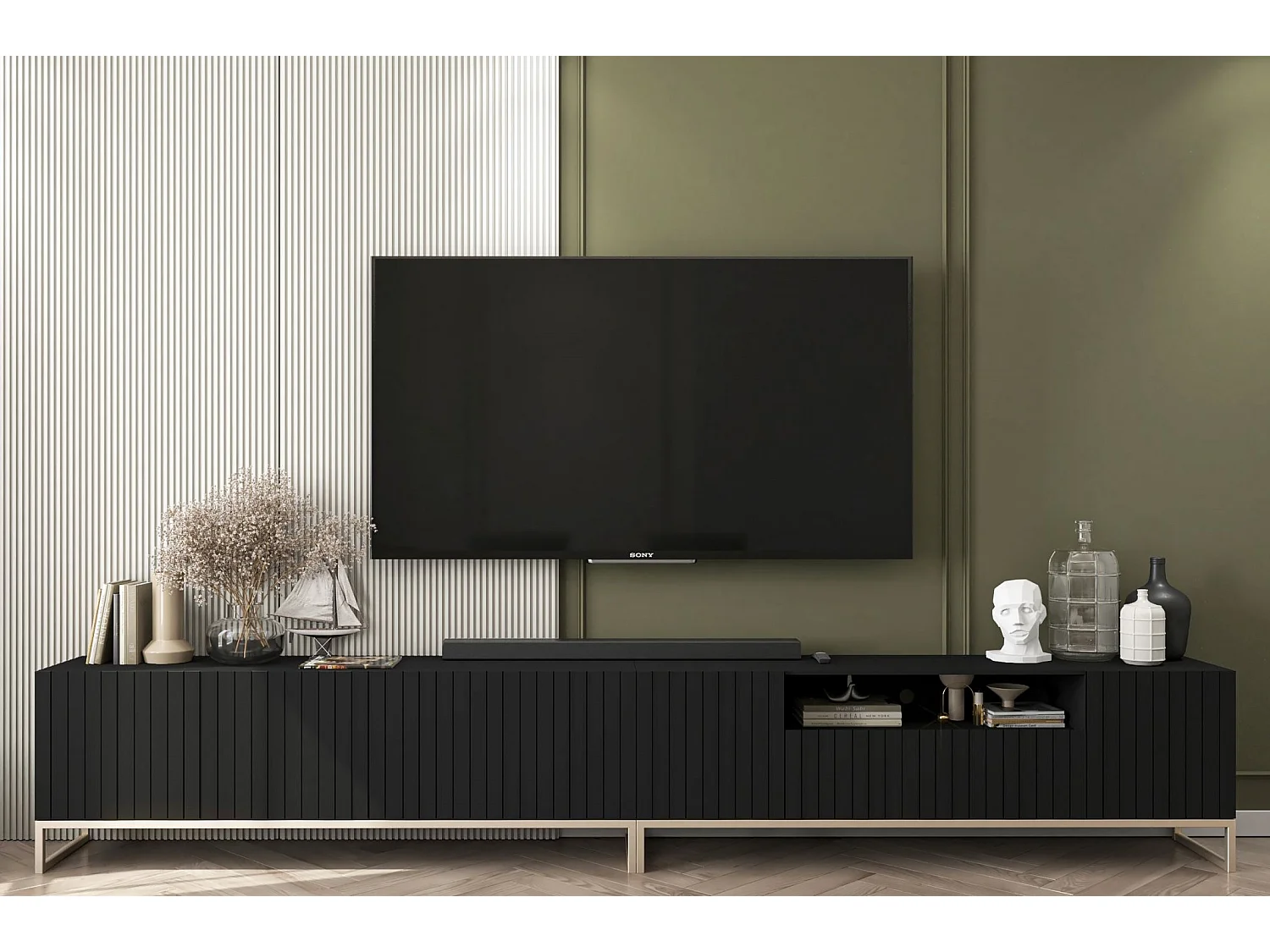 Meuble TV avec 7 portes et niche - corps Noir mat, façades cannelées Noi mat - 300 cm, cadre en métal