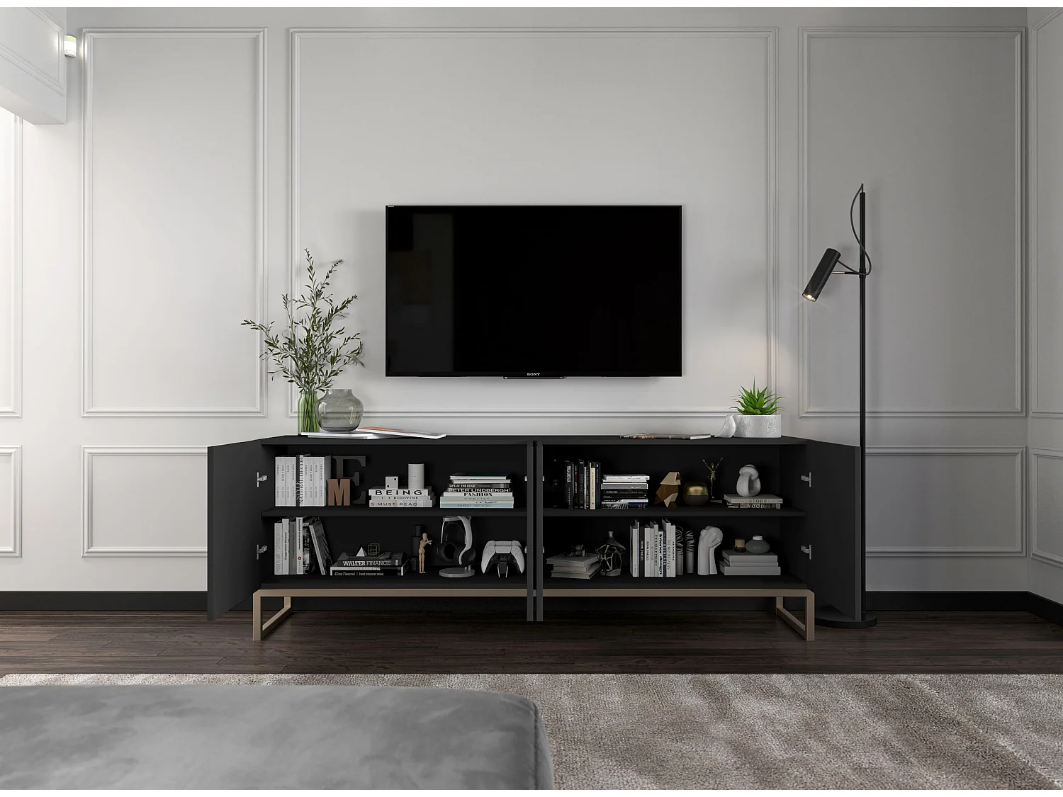 Meuble TV avec 7 portes et niche - corps Noir mat, façades cannelées Noi mat - 300 cm, cadre en métal