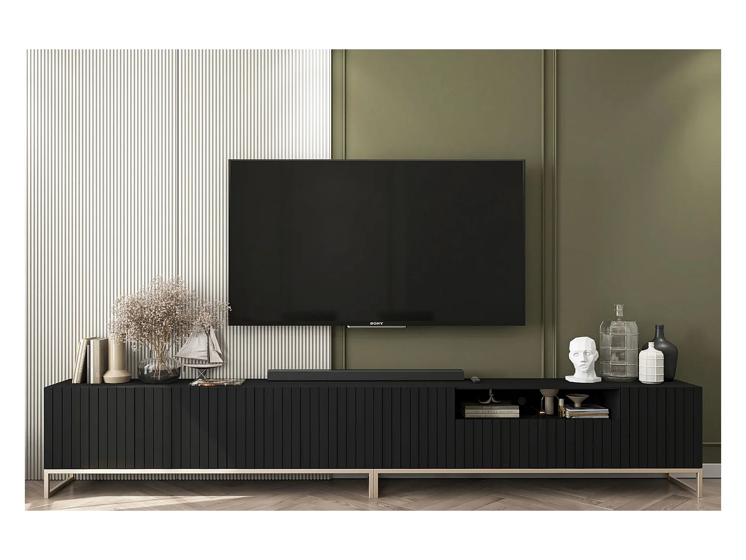 Meuble TV avec 7 portes et niche - corps Noir mat, façades cannelées Noi mat - 300 cm, cadre en métal
