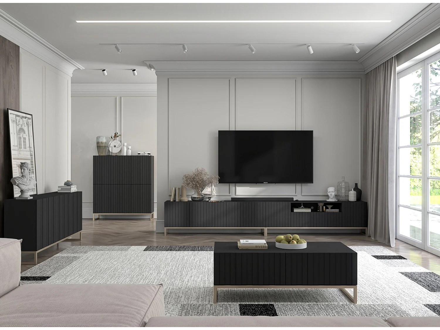 Meuble TV avec 7 portes et niche - corps Noir mat, façades cannelées Noi mat - 300 cm, cadre en métal