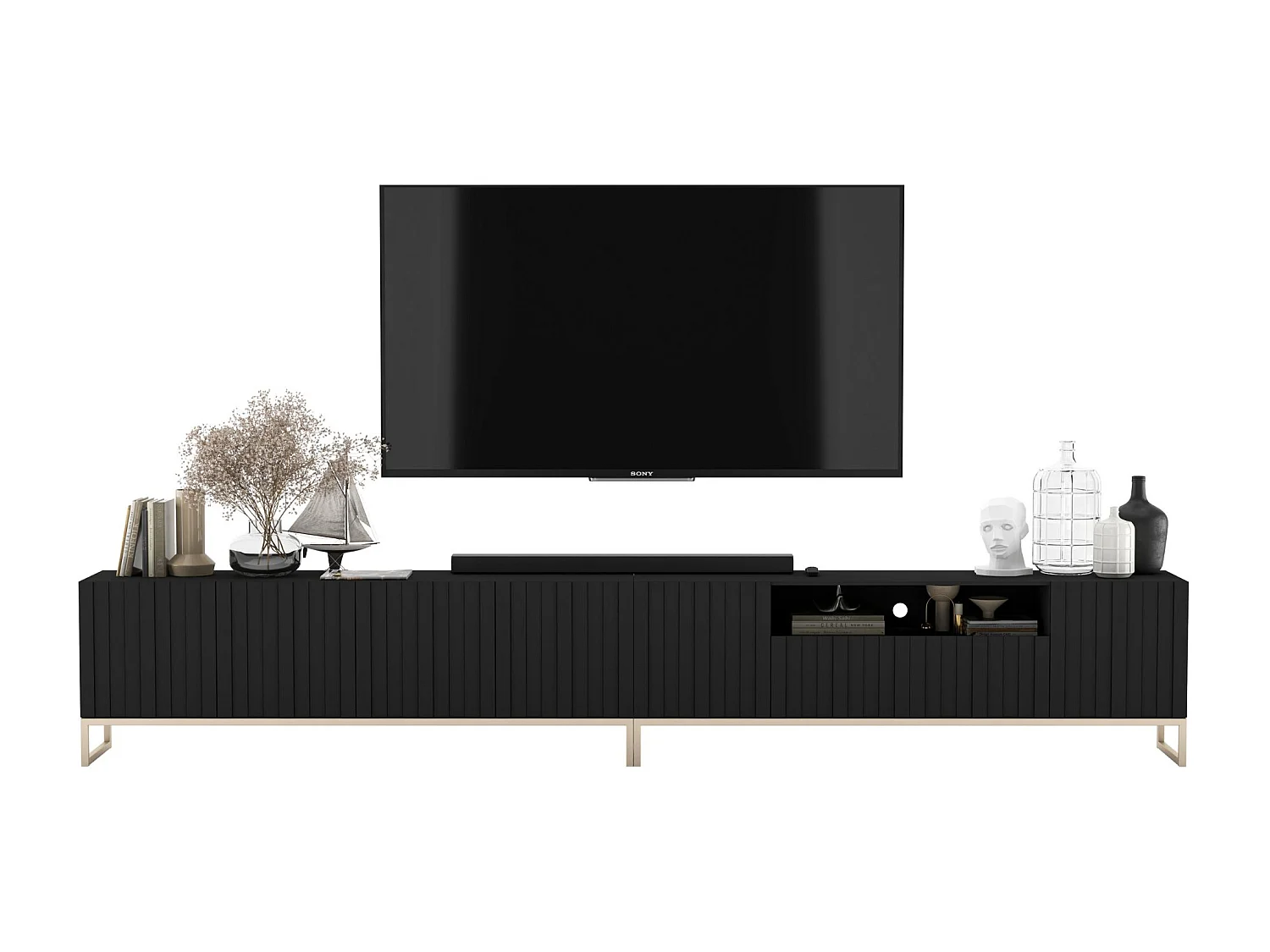 Meuble TV avec 7 portes et niche - corps Noir mat, façades cannelées Noi mat - 300 cm, cadre en métal