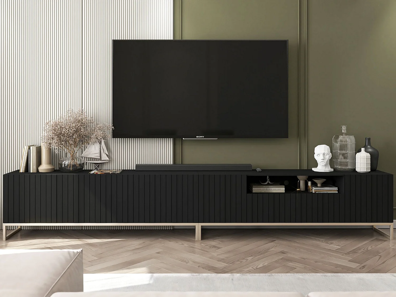 Meuble TV avec 7 portes et niche - corps Noir mat, façades cannelées Noi mat - 300 cm, cadre en métal