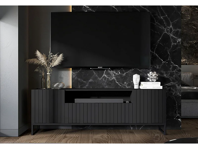 Meuble TV avec 3 portes et niche - Corps Noir mat, façades rainurées Noir mat - 150 cm, Cadre en métal noir