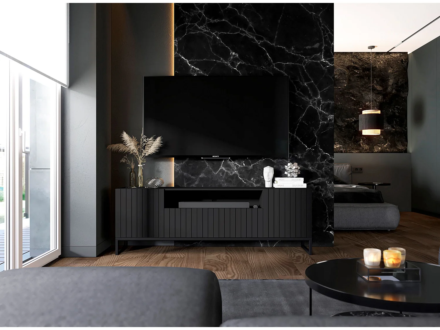 Meuble TV avec 3 portes et niche - Corps Noir mat, façades rainurées Noir mat - 150 cm, Cadre en métal noir