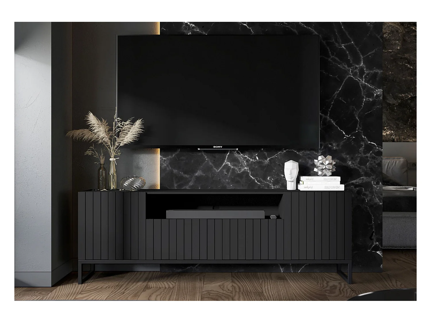 Meuble TV avec 3 portes et niche - Corps Noir mat, façades rainurées Noir mat - 150 cm, Cadre en métal noir