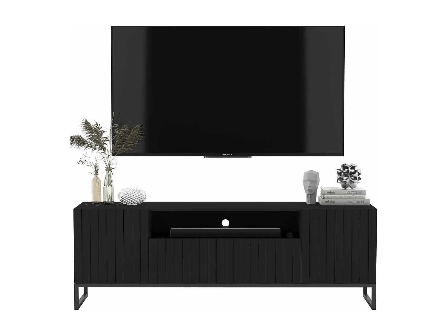 Meuble TV avec 3 portes et niche - Corps Noir mat, façades rainurées Noir mat - 150 cm, Cadre en métal noir