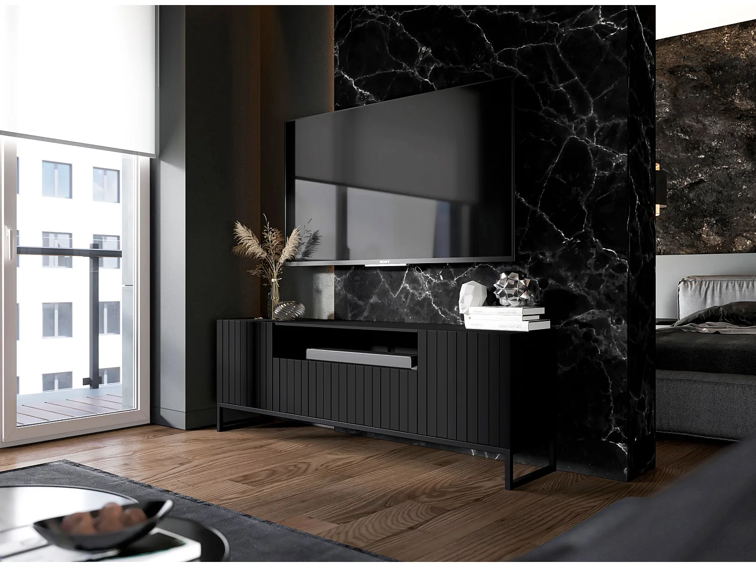 Meuble TV avec 3 portes et niche - Corps Noir mat, façades rainurées Noir mat - 150 cm, Cadre en métal noir