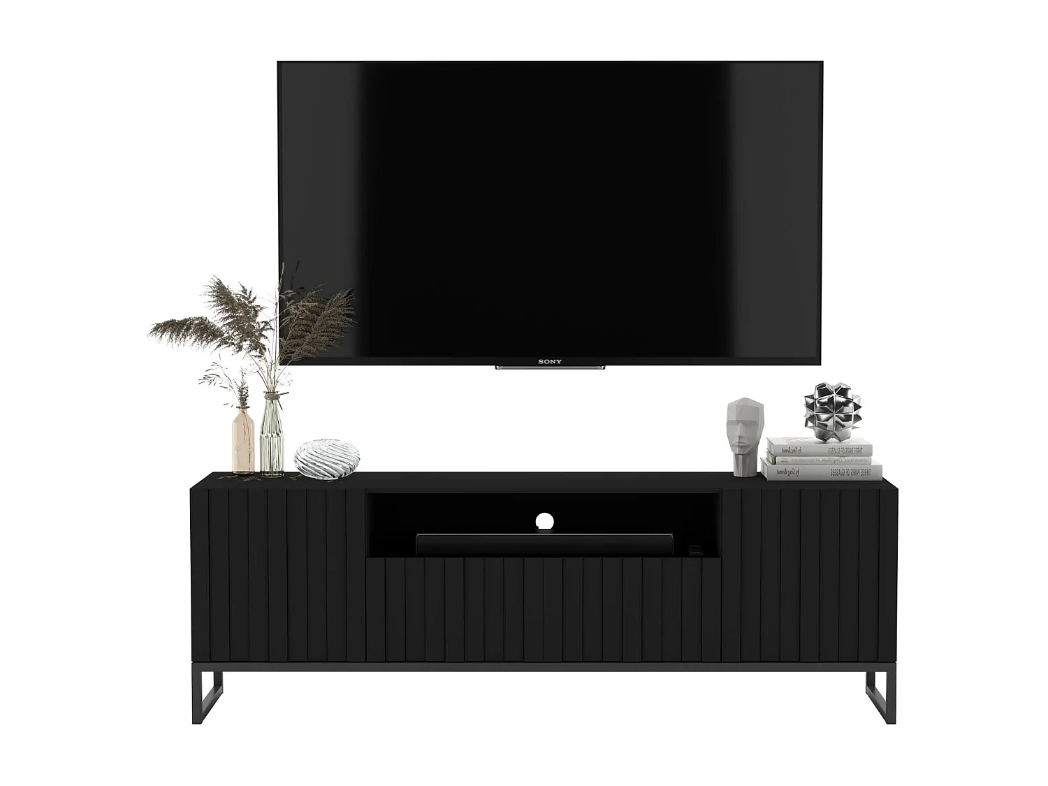 Meuble TV avec 3 portes et niche - Corps Noir mat, façades rainurées Noir mat - 150 cm, Cadre en métal noir