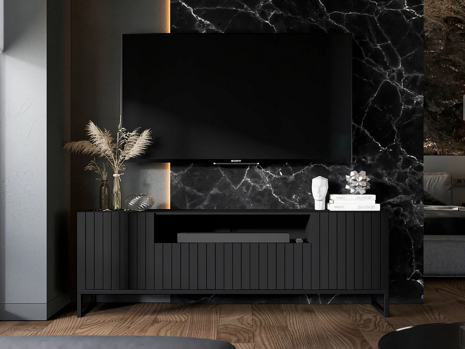 Meuble TV avec 3 portes et niche - Corps Noir mat, façades rainurées Noir mat - 150 cm, Cadre en métal noir