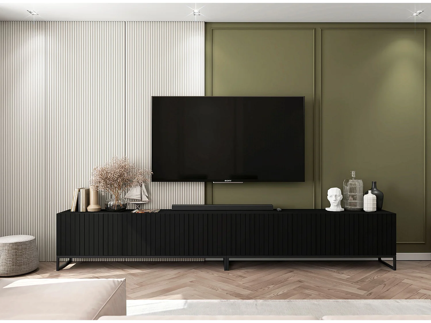 Meuble TV avec 3 portes et niche - Corps Noir mat, façades rainurées Noir mat - 150 cm, Cadre en métal noir