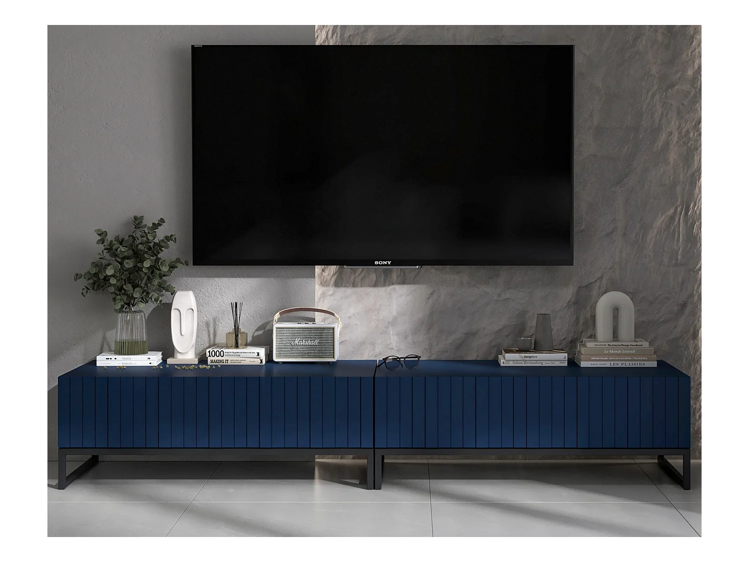 Meuble TV avec 2 portes - Corps Bleu marine mat, façades rainurées Bleu marine mat - 220 cm, Cadre en métal noir