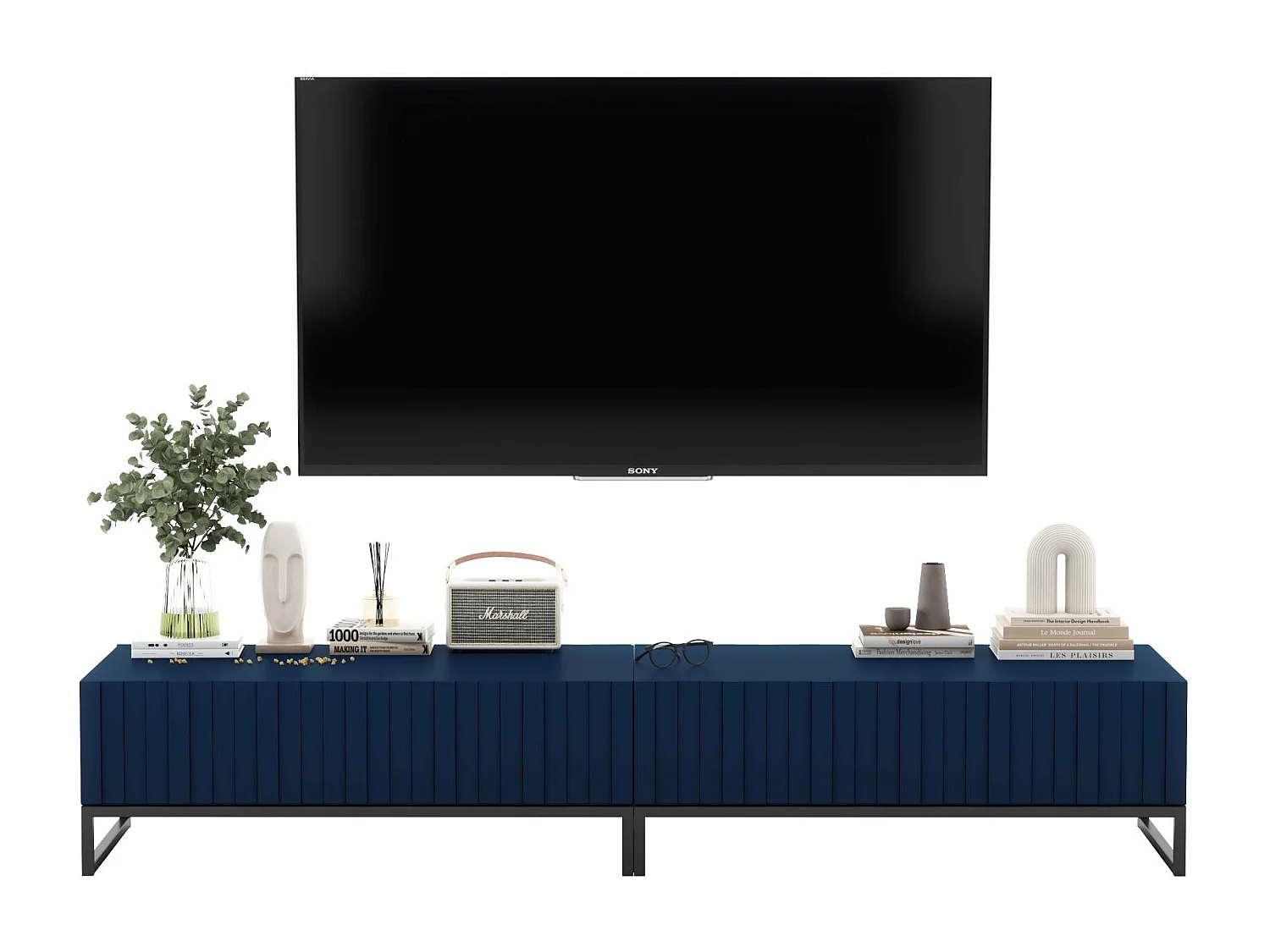 Meuble TV avec 2 portes - Corps Bleu marine mat, façades rainurées Bleu marine mat - 220 cm, Cadre en métal noir
