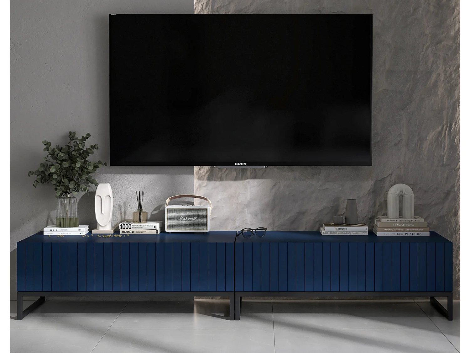 Meuble TV avec 2 portes - Corps Bleu marine mat, façades rainurées Bleu marine mat - 220 cm, Cadre en métal noir